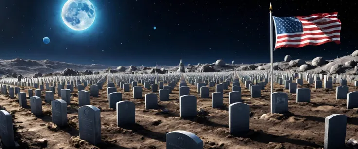 there is  a military graveyard built on the moon, many tombstones in rows (tombstones are identical in shape and color) and lines, (there is flag being raised: 1.4), in honor of the fallen. the graveyard is based on the moon, you can see the earth in the b...