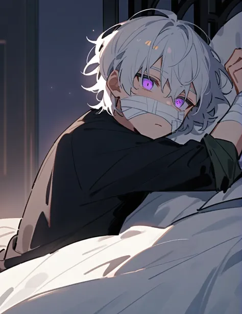 Greek boy with white hair, violet eyes, with some bandages on his face and arms, waking up in a large bed with black sheets in a room with dark decorations