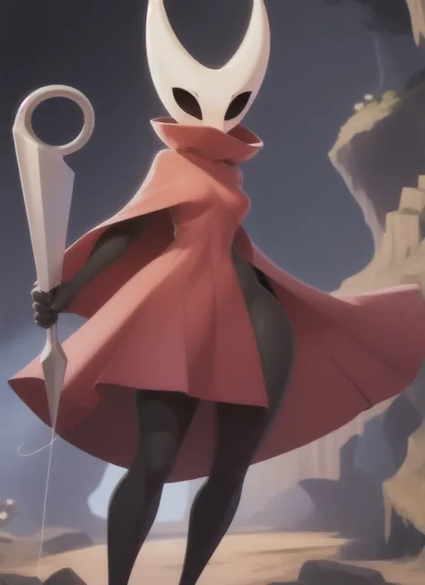 hornet, cute, chibi, no feet, furry female, anthro, needle weapon, thread, standing, solo,beautiful sexy body, medium breasts, medium hips, open red cloak, (best quality), (detailed dark cave background:1.2), looking at viewer, holding weapon, flat colors,...