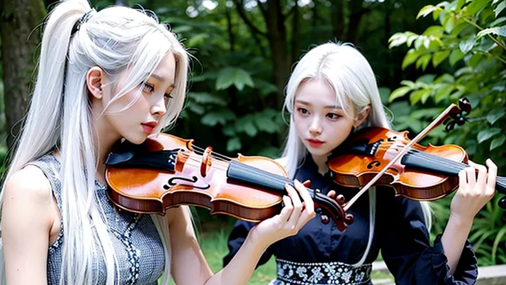 playing violin, 20 years old, long hair, fair skin, beautiful woman, rosian、white hair 、high quality,