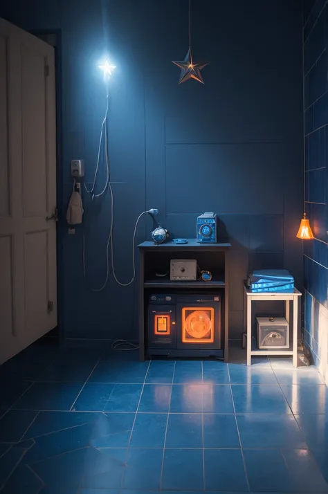 Room with tiled floor with dark background and blue box with star and crank designs with orange smoke and two lights in the middle of the smoke 