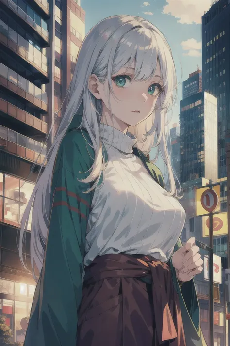 japan, highres, highest quallity, illustration,  ultra detailed, (detailed face), (detailed eyes), soft lighting, best quality, hazy glow, dreamy atmosphere, hyper detailed, masterpiece, 1girl, solo, silver hair, green eyes, knitwear, luminous eyes, medium...