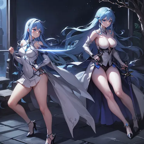 最high quality、Best image quality、masterpiece、Teenage Girls((One person、Completely naked、High heels、18-year-old、 Best Bust、Beautiful blue eyes, Long Blue Hair、Show the whole body、Holding the Sword、Serious face、take a cautious stance、I have a long sword、Comb...