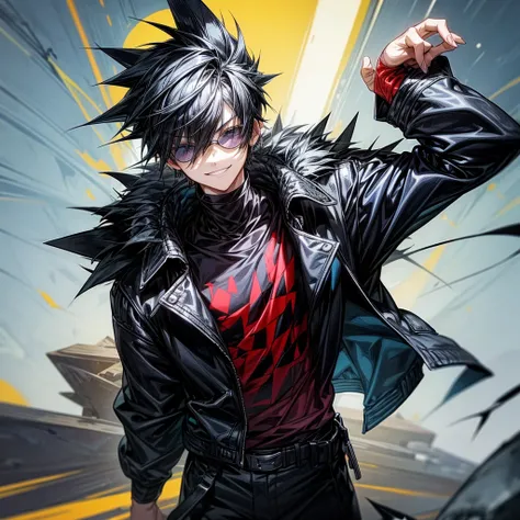 Create a boy, a 10 year old  who has a black jacket with black spiky hair, not too spiky nor too big, sunglasses and black headphones with spikes and is giving a very nice smile