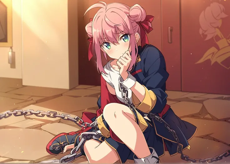 Anime girl sitting on the ground with chains around her, alchemist girl, anime style like fate/stay the night, rogue Anime girl, anime moe artstyle, the Anime girl is crouching, (Anime girl), Anime girl named lucy, anime image of a cute girl, young Anime g...