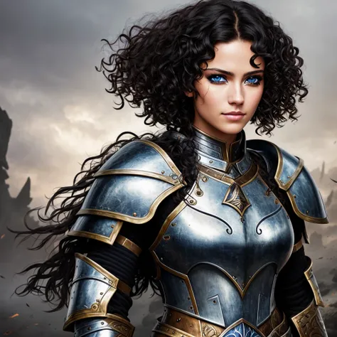 Portrait of woman wearing armor, sexy, black curly hair, tan skin, blue eyes, eyepatch over one eye, warrior, fantasy, pefect face, masterpiece,