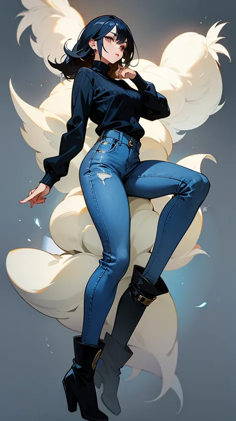 The chicken woman is a blue and black sweater, long jeans, and black boots.