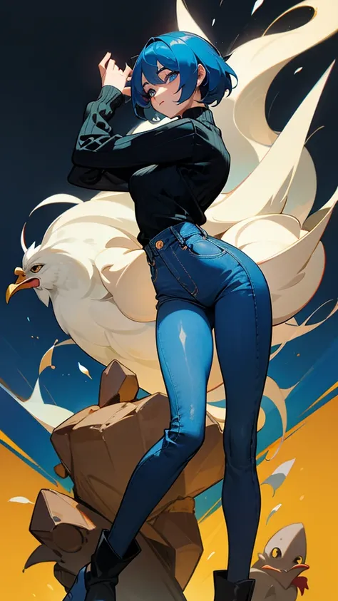 The chicken woman is a blue and black sweater, long jeans, and black boots.