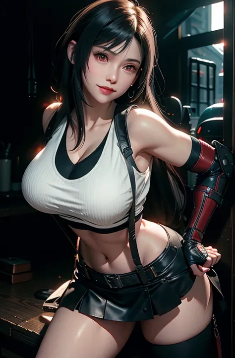 ,(((Full and soft breasts,)))(((巨Large target乳房))) (((Cleavage))) (Perfect curvy figure), Tifa Lockhart, Tifa_Lockhart,  Final Fantasy 7, sultry face, (White vest:1.5), Black latex miniskirt, (Black long hair), Bangs (Red Eyes:1.2) Long eyelashes, Surreali...