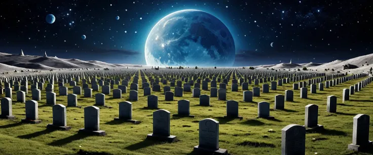 there is  a military graveyard built on the moon, many tombstones in rows (tombstones are identical in shape and color) and lines, (there is 1flag being raised: 1.4),  in honor of the fallen. the graveyard is based on the moon, you can see the earth in the...