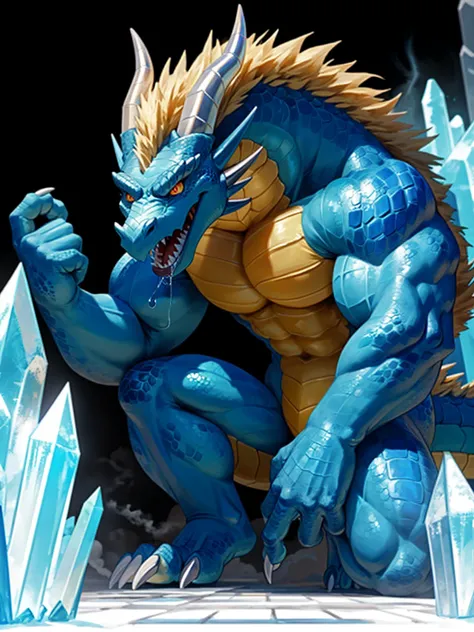 sky blue dragon、A dragon with jewel-like scales、Sideways face、Sideways body、Big fangs、Lizard-like face、saliva、Golden Mane、Very small head、Dragon with one leg raised、Sky blue crocodile-like scales、Tile-like scales、Top-down composition、White Breath、Sharp toe...