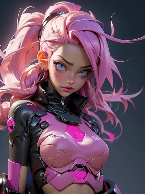 woman in a pink jacket holding a cube with a glowing face, transhumanist cyberpunk cube, (cyberpunk) pink hair 1 girl, highly detailed eyes, open mouth.
