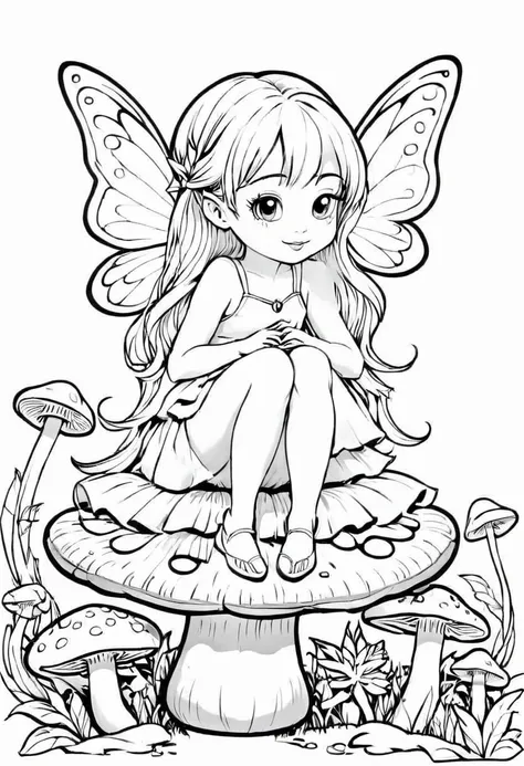 line drawing of a little fairy sitting on the magic mushroom, On white background, monochrome, black andwhite, no gray colors, no shadows