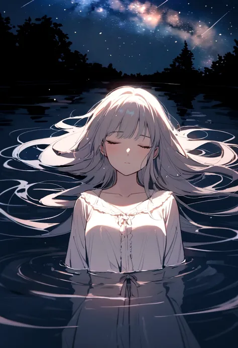 A beautiful, delicate and detailed portrait of a young Japanese woman floating on the surface of the water, seemingly asleep. She has long flowing hair and a gentle expression. She is wearing comfortable pajamas, and the water around her is gently rippling...