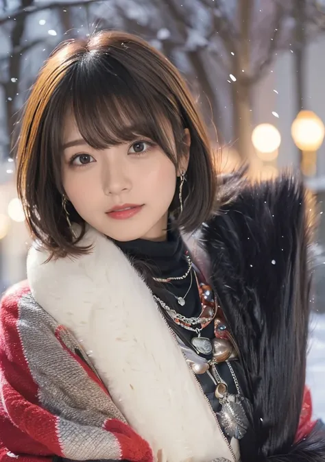 Photo from the waist up、Night city illumination shot、Cowgirl Shot、Fur coat、豪華なグレーのミンクのFur coat、Wear fine leather boots、Luxury Bags、Inner turtleneck、Silver necklace and small silver earrings Millionaire style:1.4））、Full body photo、smile、 Caustics、Highly det...