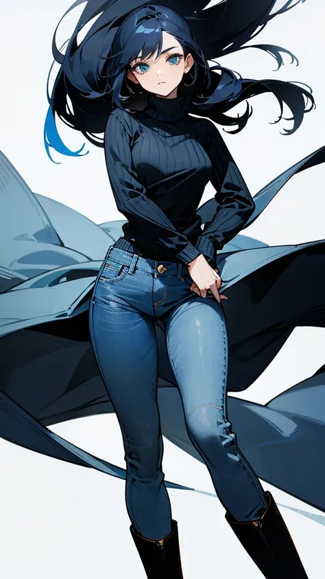 The woman wears a blue and black sweater, long jeans, and black boots. 