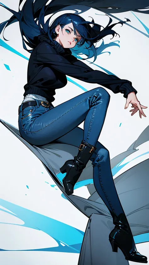 The woman wears a blue and black sweater, long jeans, and black boots. 