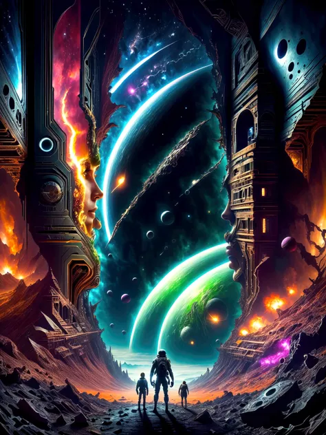 Generate an image featuring a sci-fi crossover scene. On one side, present an alien landscape with vast, intricate ancient alien architectures - a homage to the expansive universe of a popular intergalactic video game set in the 22nd century. On the other ...