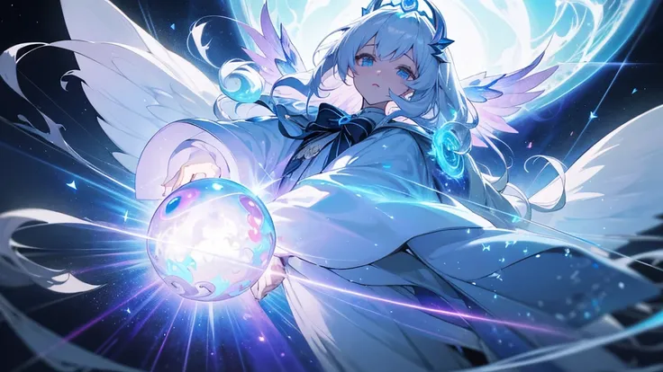 Close up of person in costume holding bow, beautiful celestial wizard, Astral Witch Clothes, heavenly aura, Cotton Cloud Mage Robe, mysterious art style, Celestial Essence, white haired god, Masterpiece Goddess of Sorrow, gear aurora, astral fairy, jellyfi...