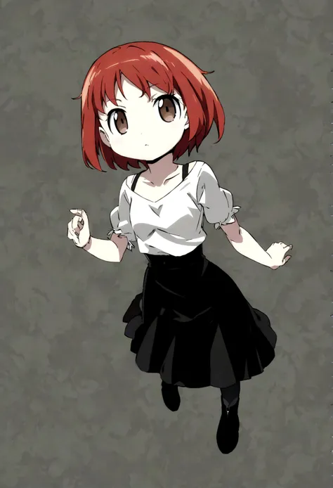 anime style  girl with  reddish-red hair, brown eyes, fair skin, black eyeliner, with a black thin-strap blouse over a white T-shirt and a black skirt with transparent black tights and black boots