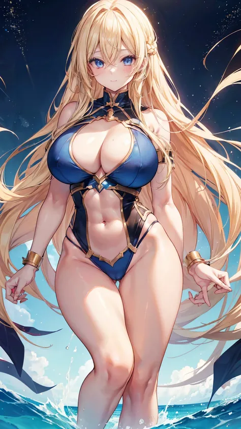 Sensual, Long blonde hair, Thick thighs, 8K, 4K, Highest quality, High resolution:1.2), Cute anime face, Noise Reduction, Sparkling blue eyes, A kind smile, Kind eyes、Toned Abs, Muscular arms, Muscular legs,  Young Face, Anime Eyes, (((Big Breasts、A chest ...