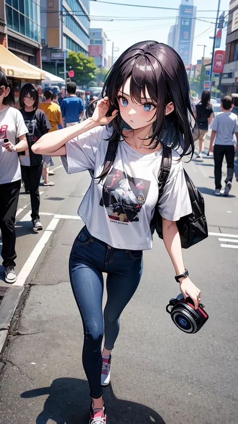  Trendy woman in skinny pants and anime T-shirt is checking her digital watch。A boombox was playing music in the background.、A person who got a perm々is walking。