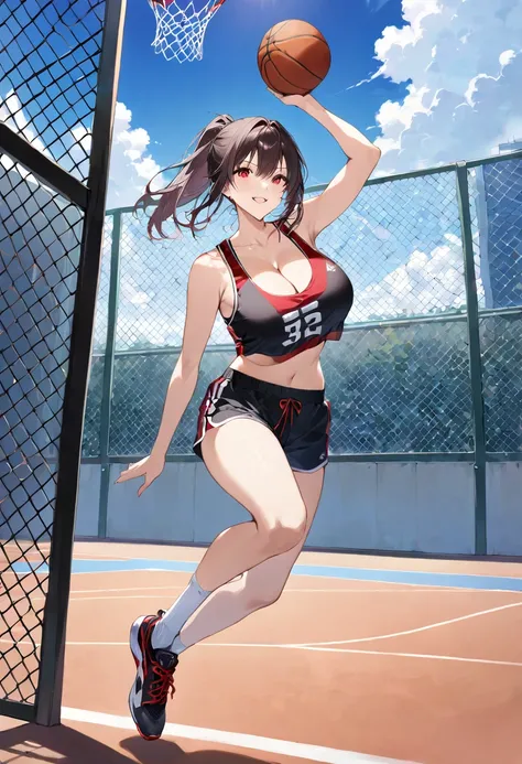 masterpiece, best quality, ultra detailed, sparkling eyes, ((smile)), large breasts, ((cleavage)), The image depicts an anime-style illustration of a young woman playing basketball outdoors. She is in the middle of a jump shot, holding a basketball above h...