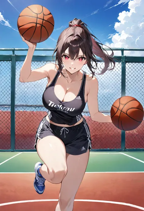 masterpiece, best quality, ultra detailed, sparkling eyes, ((smile)), large breasts, ((cleavage)), The image depicts an anime-style illustration of a young woman playing basketball outdoors. She is in the middle of a jump shot, holding a basketball above h...