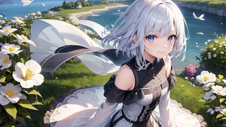 Ultra HD,Look at the viewers, Put your hands behind your back, With a girl, 20-year-old, 非常にShort Hair, Long bangs between the eyes, Pale blue eyes, hoodie, skirt , Very detailed,(masterpiece、Highest quality),Gray Hair、Laughter、Fantastic, Silver Hair, Iris...