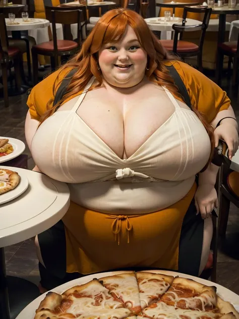 A happy/excited detailed photo of a cute ginger SSBBW, with long wavy ginger hair, with big soft fat belly, small saggy breasts in a cute orange dress, sitting at a table in a beautiful authentic italian restaurant at night, there is a huge family-sized pi...