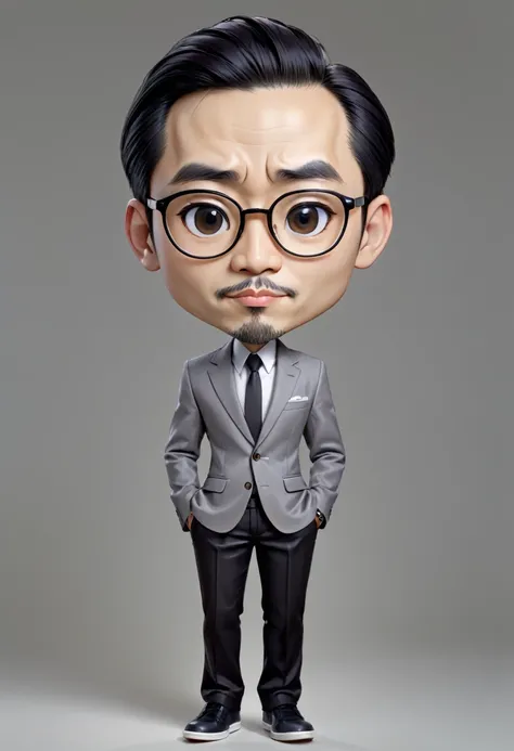 Create caricature full body with a big head of man with an oval face and light skin,  in the style of johnson tsang  hyper-realistic, very detailed, detailed face, detailed eyes, black hair neatly combed, He has thick, black eyebrows and large, dark brown ...