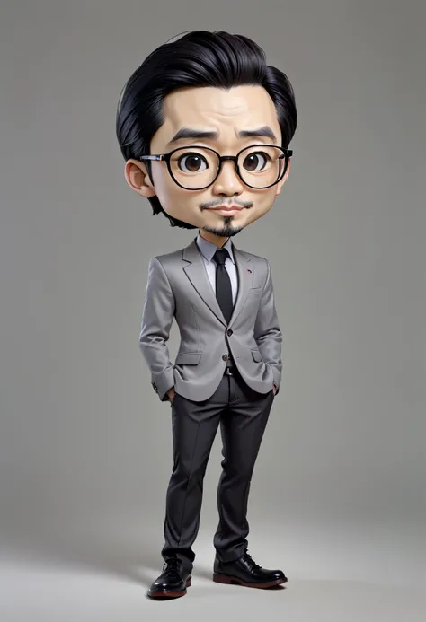 Create caricature full body with a big head of man with an oval face and light skin,  in the style of johnson tsang  hyper-realistic, very detailed, detailed face, detailed eyes, black hair neatly combed, He has thick, black eyebrows and large, dark brown ...