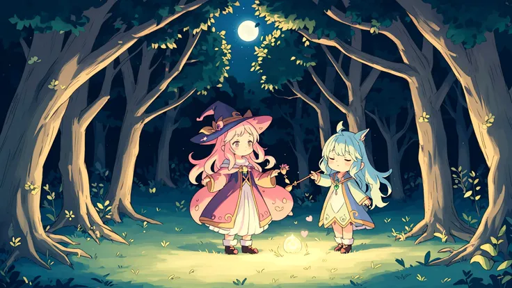 An anime-style image depicting a mystical forest where shadows dance and play. In the heart of this enchanted forest, a witch with long, flowing hair is dancing and waving her wand under the old oak tree. She is surrounded by soft moonlight and starlight. ...