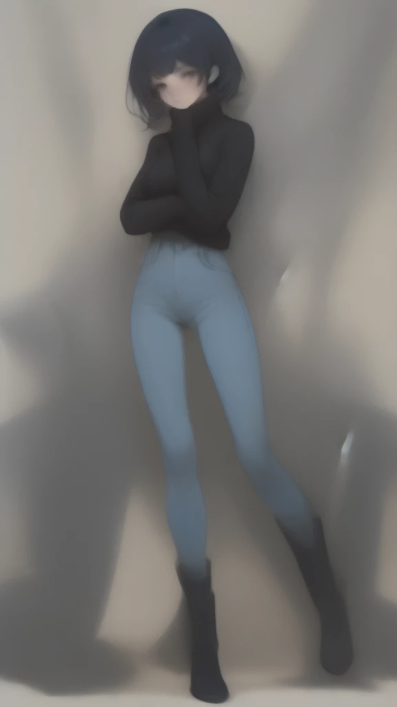 The woman wears a blue and black sweater, long jeans, and black boots. 