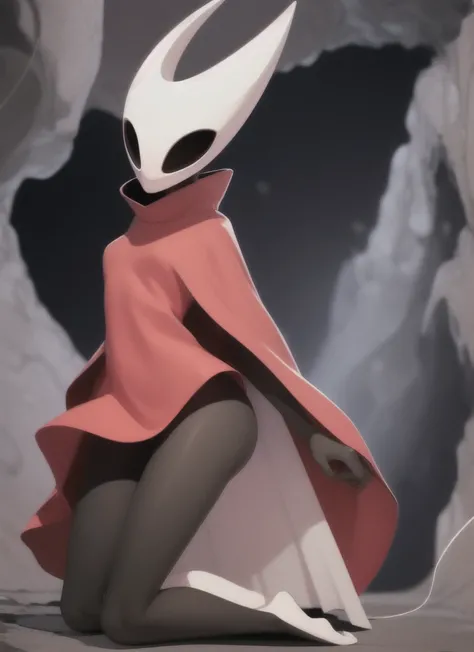 hornet, cute, chibi, bare feet, furry girl, anthro, thread, On his knees, solo, beautiful sexy body, skinny, open red small cloak, medium breasts, medium hips,  (best quality), (detailed dark cave background:1.2), looking at viewer, flat colors, 