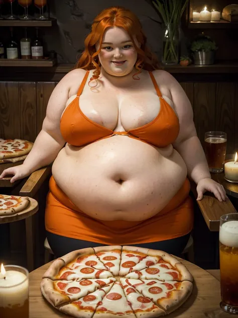 A happy and detailed photo of a cute ginger freckled SSBBW, with long wavy ginger hair, with big soft fat belly, small saggy breasts in a cute orange dress, sitting at a table in a beautiful authentic italian restaurant at night, there is a huge family-siz...