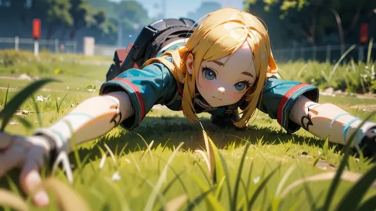 Girl doll、bank、river、bridge、Enjoying airsoft、uniform、Crawling through the grass,octane render、(Hyper-detailing: 1.15)、cinematic lightening、super fine eyes、Full Paint、Anatomically correct、Blur、Depth of written boundary