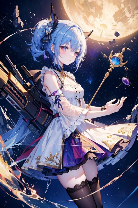 8 Surreal 8k CG，Fantasy，dream，Fantastic，sf，Charm，，Charm，Intricate details，18 year old girl in a chiffon dress，Highest quality，stockings，Cool Weapons，Colorful space background