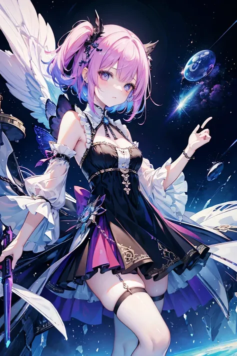 8 Surreal 8k CG，Fantasy，dream，Fantastic，sf，Charm，，Charm，Intricate details，18 year old girl in a chiffon dress，Highest quality，stockings，Cool Weapons，Colorful space background