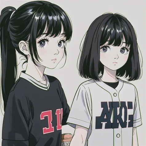 Black hair，Bangs，Wearing a ponytail，Big and cute eyes，Watery eyes，Black eyes，Wearing brown baseball uniform，The sleeves of the baseball uniform are off-white，Mug shot，No below the neck，Stick Figure，Simple lines，individual，Girls