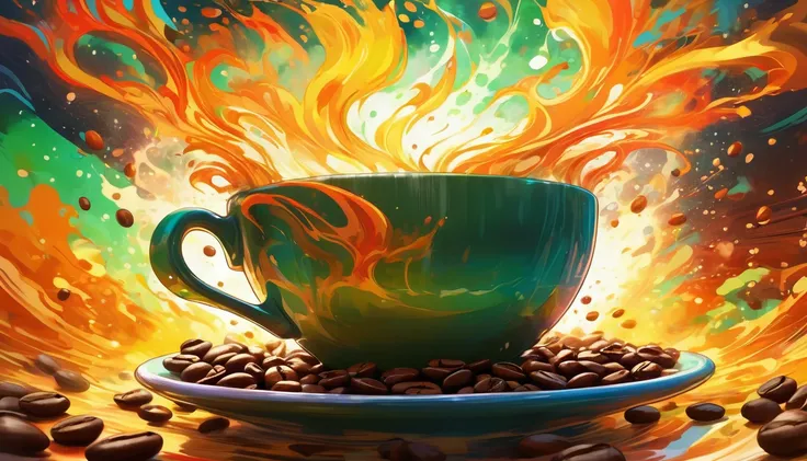 Create a vibrant, colorful image that represents the strength of coffee, in an anime style. In the center, place a steaming cup of coffee with a liquid of deep, rich color, emanating an energetic aura. Around the cup, add elements like bright coffee beans ...