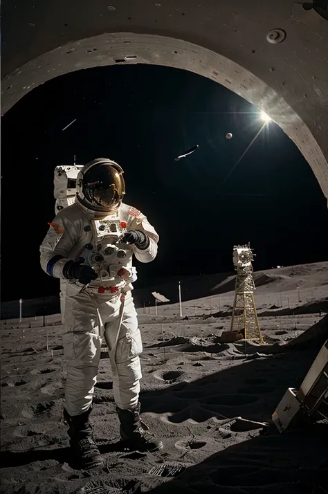 an astronaut on the moon is painting in outer space