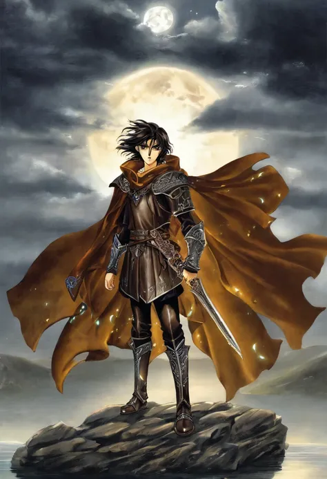 Create a fantasy anime boy character with rugged charm and an adventurous spirit. He has tousled dark brown hair and intense amber eyes that reflect his determination. Dress him in sturdy leather armor adorned with intricate runes and a flowing cape that b...