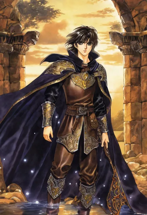 Create a fantasy anime boy character with rugged charm and an adventurous spirit. He has tousled dark brown hair and intense amber eyes that reflect his determination. Dress him in sturdy leather armor adorned with intricate runes and a flowing cape that b...