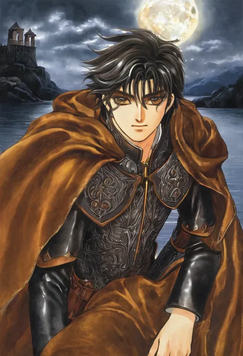 Create a fantasy anime boy character with rugged charm and an adventurous spirit. He has tousled dark brown hair and intense amber eyes that reflect his determination. Dress him in sturdy leather armor adorned with intricate runes and a flowing cape that b...