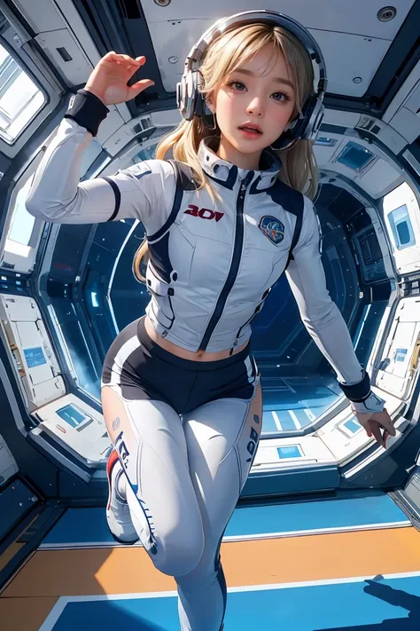 top-quality,Top image quality,in 8K,4K,​masterpiece,ultra-detailliert,Beautiful,ultra-quality, best quality,high resolution, ultra-detailed,game cg,dutch angle,(acrobatic pose):5,jumping:5,(inside spacestation,)beautiful detailed eyes,five fingers,headphon...