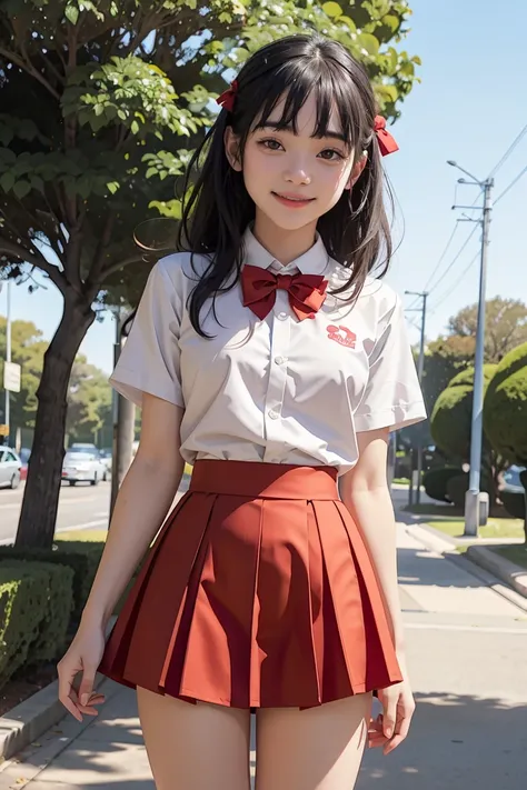 girl standing in school park,sailor shirt with red bow tie,school skirt,18-year-old,bangs,a little smiles,thighs,knees,from below