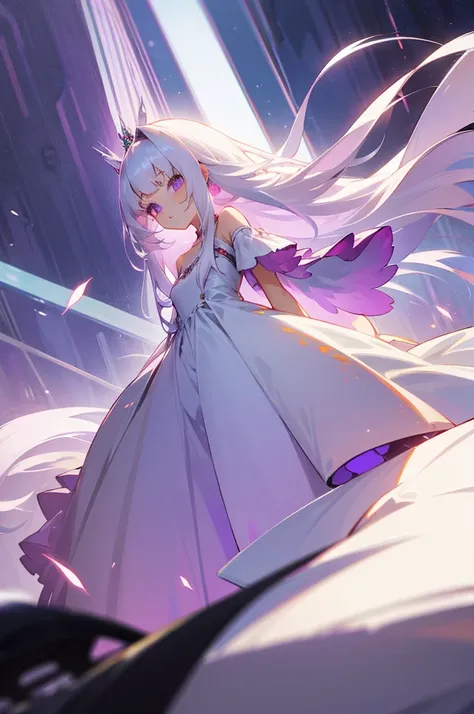 a girl with middle-long white hair, bangs, light purple eyes, red promdress 