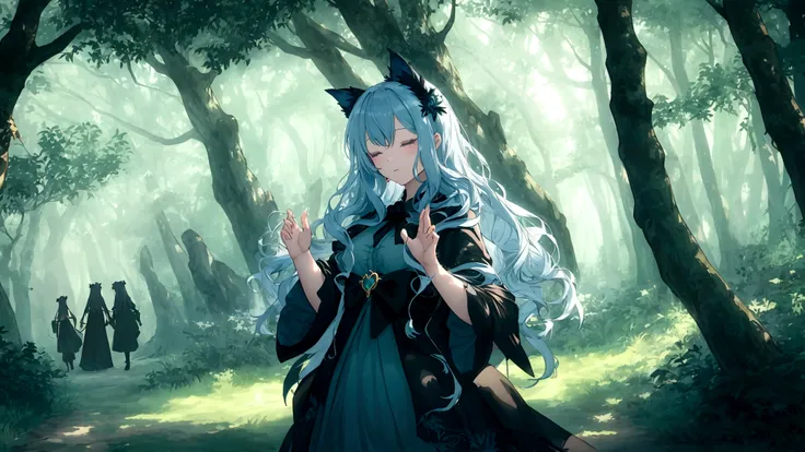 An anime-style image depicting a mystical forest where shadows dance and play. In the heart of this enchanted forest, a witch with long, flowing hair is dancing and waving her wand under the old oak tree. She is surrounded by soft moonlight and starlight. ...