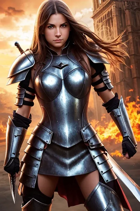 beautiful girl in armor fights demons with a sword